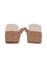 Braune, gestrickte Handschuhe mit einem hellbeigen oberen Abschnitt und einem Daumen. Strukturiertes, weiches Material mit einem gemütlichen Aussehen.