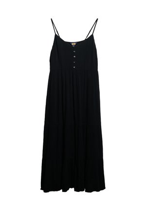 Długa czarna sukienka na ramiączkach, z zapięciem na guziki z przodu, warstwowym designem i zwiewną sylwetką. Wykonana z lekkiego materiału.