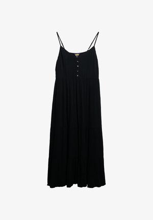 Długa czarna sukienka na ramiączkach, z zapięciem na guziki z przodu, warstwowym designem i zwiewną sylwetką. Wykonana z lekkiego materiału.