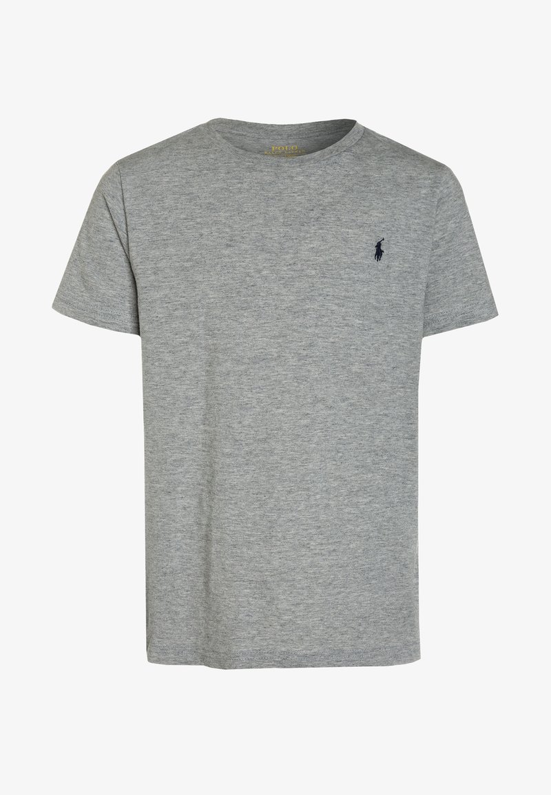 Gray, short-sleeve t-shirt made of cotton blend fabric. Features a small, dark logo embroidered on the left chest area. Classic crew neck design.