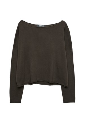 Dunkelgrüner, kürzer geschnittener Pullover mit weitem Bootauschnitt, überschnittenen Schultern und langen Ärmeln. Aus einem weichen, strukturierten Stoff gefertigt.