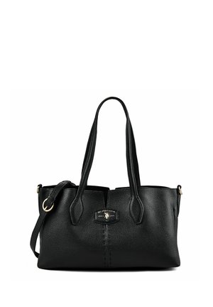 Borsa a mano in pelle nera texturizzata con due manici, tracolla rimovibile e piccolo emblema logo argento sul davanti.