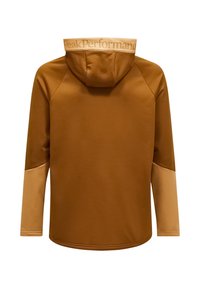 Felpa da performance marrone con maniche di un marrone chiaro a contrasto. Presenta un cappuccio e il marchio "Peak Performance" sul colletto. Texture morbida.