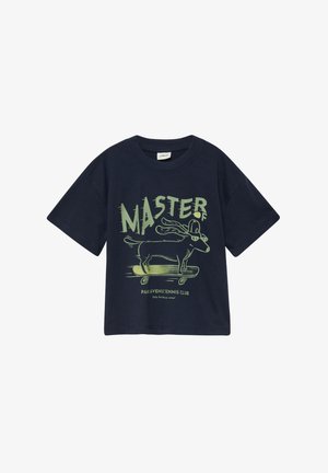 Navy blue kids' t-shirt with green graphic of a dog wearing a cap on a skateboard and text "Master of Park Avenue Tennis Club."