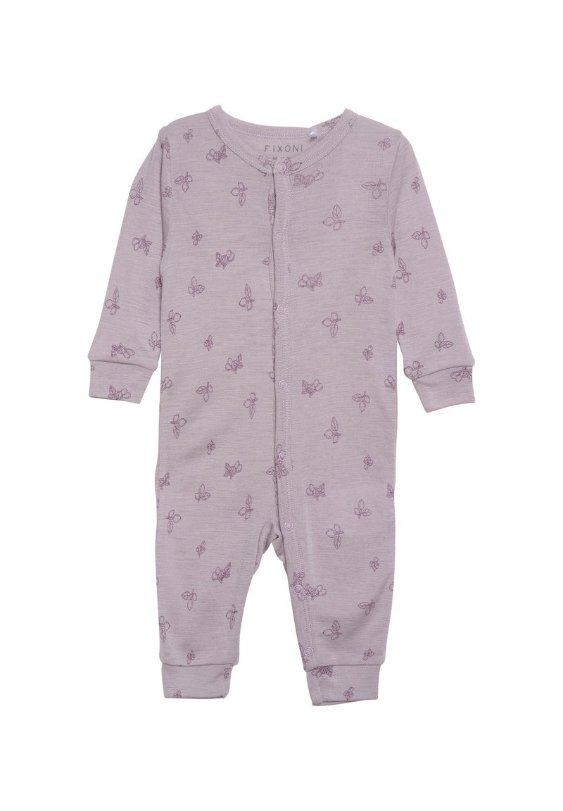 Lila Baby-Overall mit langen Ärmeln, rundem Hals, Druckknopfverschluss vorne und dezentem Schmetterlingsmuster. Weicher Stoff mit gerippten Bündchen.