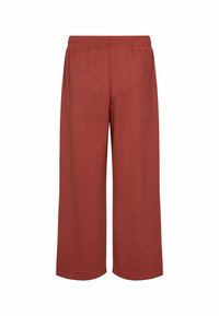 Wide-leg trousers in a rust color, made of soft fabric, featuring an elastic waistband, and no visible pockets or embellishments.