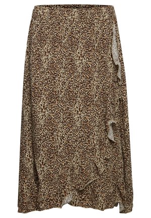 Barna és krém színű, mintás szoknya, fodros szegéllyel és elasztikus derékrésszel. Anyaga könnyű és légies, leopárdmintás mintázattal.