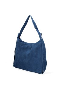 Sac à épaule en cuir bleu suède avec une texture douce, un design décontracté et une seule sangle. Pas de matériel ou d'accents visibles. Forme simple et spacieuse.