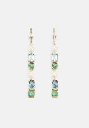 Gold drop earrings with alternating blue and green gemstones and white pearls in various shapes and sizes.