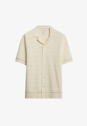 Chemise à manches courtes, crème, avec un col. Présente un motif rayé texturé et un ourlet et des poignets côtelés.