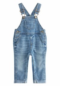 Lette blå denim overalls med justerbare stropper, en frontlomme og sidelommer samt en opsmøgning ved anklerne.