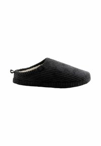 Black corduroy slipper with a textured surface, soft lining, and a loop tab at the heel for easy wear. Features a minimalistic design.