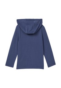 Navyblauwe long-sleeve hoodie met een grote achterkap, gemaakt van zachte stof. Heeft een rechte snit en schone stiksels langs de randen.