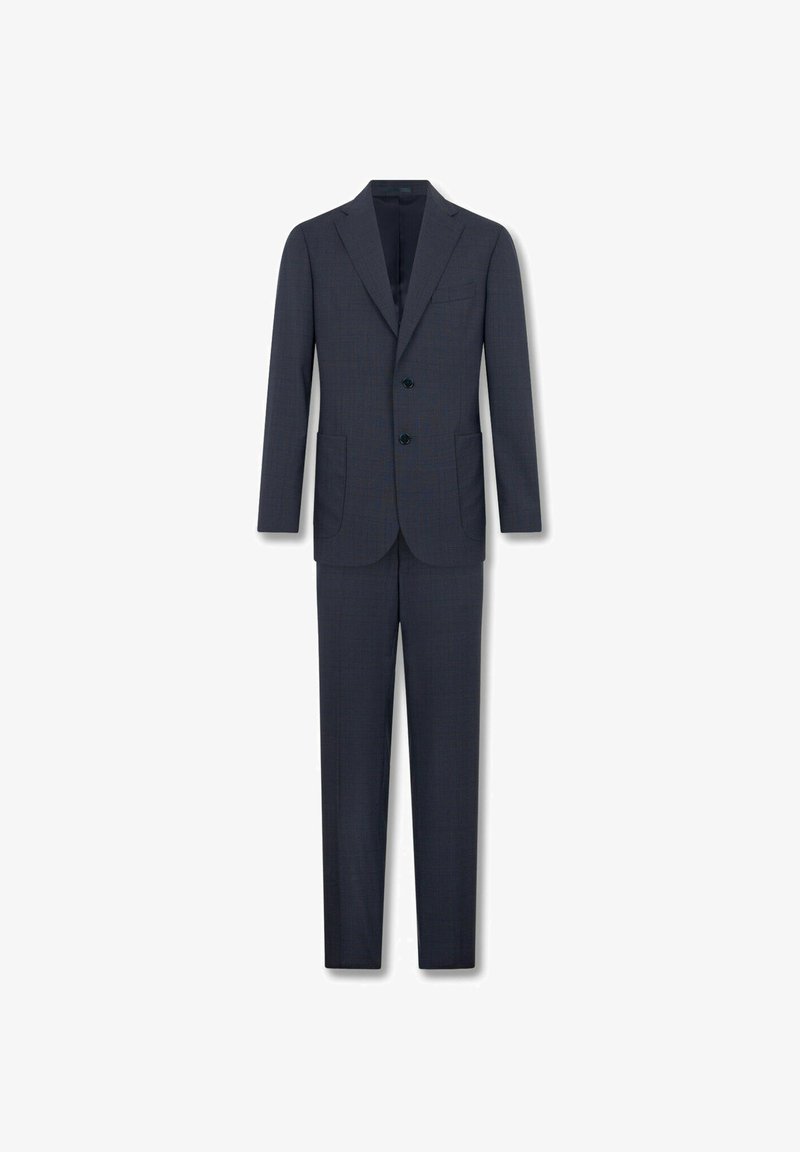 Ensemble de costume bleu marine, comprenant un blazer à deux boutons avec un col cranté et un pantalon assorti. Le tissu présente un motif à carreaux subtil.