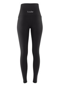 Black high-waisted leggings made of stretchy fabric, featuring a smooth texture and a small white logo at the waistband.