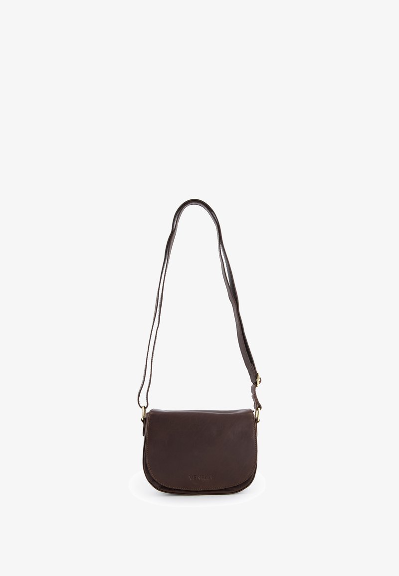 Brown leather crossbody bag with a rounded shape, smooth texture, adjustable strap, and gold-tone hardware accent. Features a flap closure.