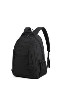 Sac à dos noir avec des bretelles rembourrées, plusieurs compartiments, un tissu texturé et des poches zippées pour un rangement organisé.
