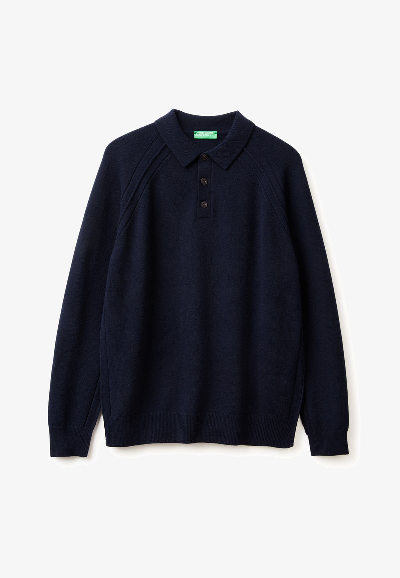 Maglione polo a manica lunga in maglia blu navy con tre bottoni neri e polsini, colletto e orlo a coste.