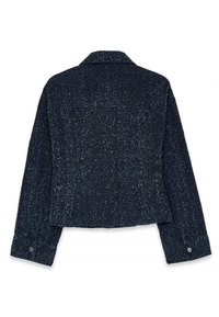 Navy blue tweed jacket with a textured surface, structured collar, and long sleeves. Front features a cropped silhouette. Button accents visible.