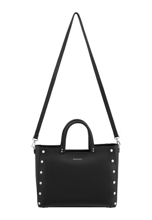 Black textured leather handbag with two short handles, long adjustable shoulder strap, and silver studs along sides, branded RYŁKO front-center.