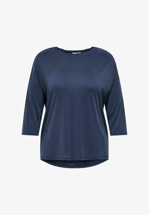 Marineblaue Langarmbluse aus weichem, glattem Stoff. Sie verfügt über einen runden Halsausschnitt und einen leicht abgerundeten Saum für zusätzlichen Stil.