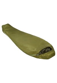 Groene slaapzak met een taps toelopend ontwerp, voorzien van een gladde buitenkant, een volledige rits en een zachte binnenvoering. Lichtgewicht en compact.