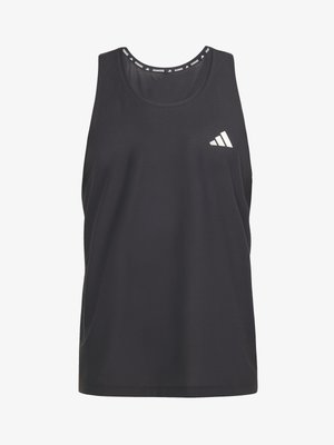 Schwarzes Sporttanktop aus atmungsaktiven Meshmaterial, mit rundem Ausschnitt und weißem Adidas-Logo auf der linken Brust.