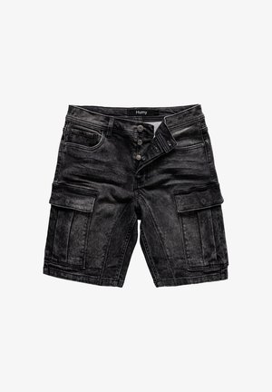 Schwarze Denim-Cargo-Shorts mit einem verwitterten Finish, mehreren Seitentaschen, fünf Gürtelschlaufen und einem Knopfverschluss.