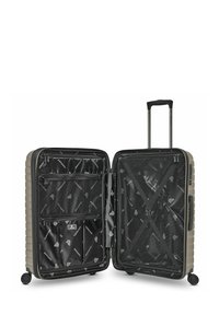 Valise rigide de couleur vert olive avec une surface texturée, fermeture éclair double, deux compartiments intérieurs et tissu avec motif de logo.