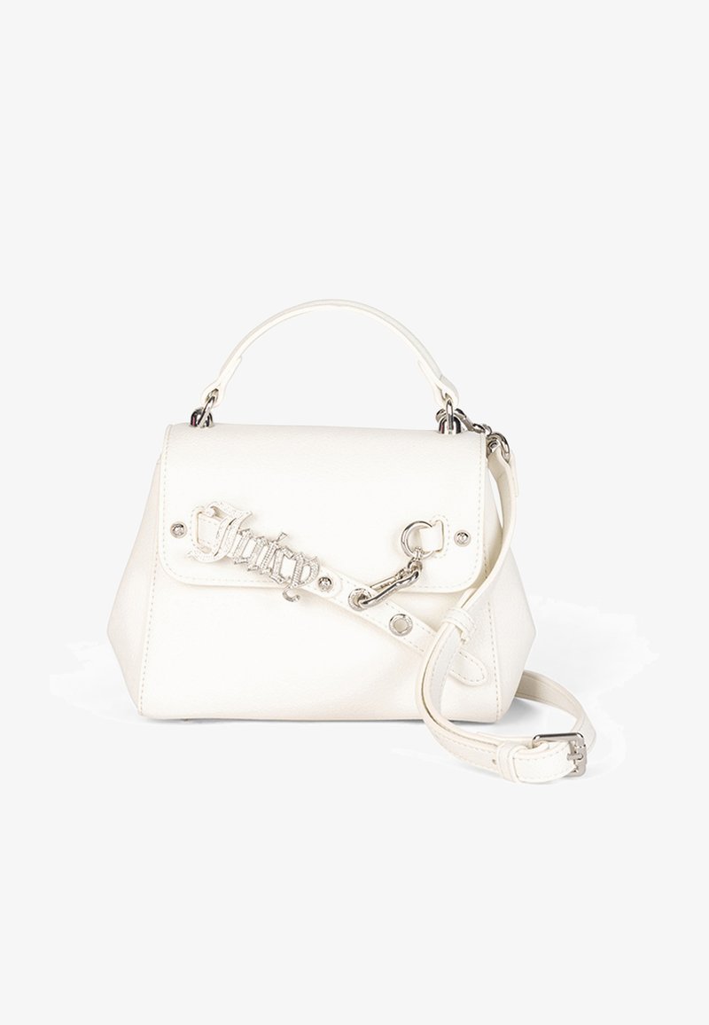 Borsa a mano in pelle bianca con una forma strutturata, hardware argentato e una tracolla staccabile. Presenta una chiusura con marchio e dettagli a borchie.