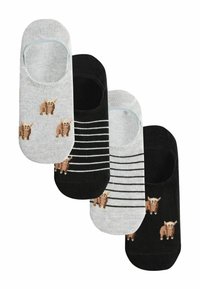 Trzy pary niskich skarpetek: jedna szara z wzorem niedźwiedzi, jedna czarna w cienkie białe paski oraz jedna całkowicie czarna. Materiał dziany, miękka faktura.
