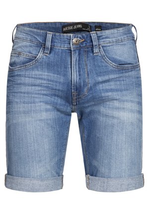 Denim shorts in light blue with a faded finish, featuring rolled cuffs, front pockets, and a metal button closure. Subtle stitching details.