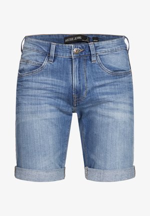 Denim shorts in light blue with a faded finish, featuring rolled cuffs, front pockets, and a metal button closure. Subtle stitching details.