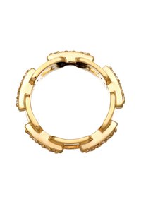 Guldtonad armband med sammanlänkade segment, prytt med små cirkulära accenter längs kanterna och en slät, polerad yta.