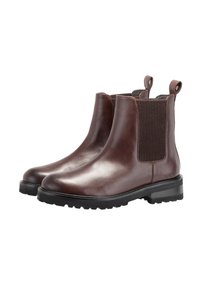 Brown leather ankle boots with elastic side panels, round toe, and black textured rubber sole. Features a pull tab on the heel for easy wear.