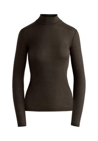 Brauner gerippter Rollkragenpullover mit langen Ärmeln, der eine enganliegende Passform und eine strukturierte Oberfläche aufweist, hergestellt aus einem weichen, dehnbaren Material.