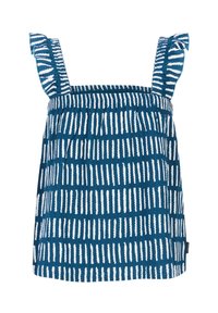 Mėlynas tankas su baltais vertikaliais dryžiais, turintis raukšlėtus petnešas ir susiraukšlėjusio liemens dizainą. Pagamintas iš minkštos, tekstūruotos medžiagos.