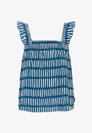 Top tank bleu avec des rayures verticales blanches, présentant des bretelles froncées et un design de taille froncée. Fabriqué en tissu doux et texturé.