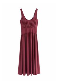 Bordeaux-farbenes, ärmelloses Kleid aus weichem Stoff, mit einer gerafften Taille und einem ausgestellten Rock, der eine glatte Textur und ein klassisches Design aufweist.