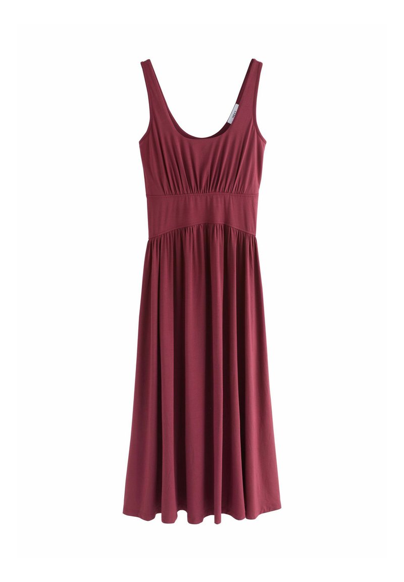 Bordeaux-farbenes, ärmelloses Kleid aus weichem Stoff, mit einer gerafften Taille und einem ausgestellten Rock, der eine glatte Textur und ein klassisches Design aufweist.