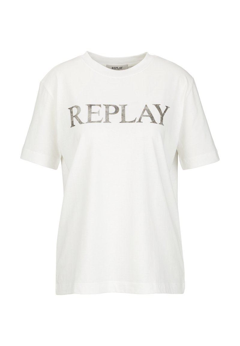 Weißes Baumwoll-T-Shirt mit kurzen Ärmeln und rundem Halsausschnitt. Mit dem Wort "REPLAY" in metallicgrauer Schrift über der Brust.