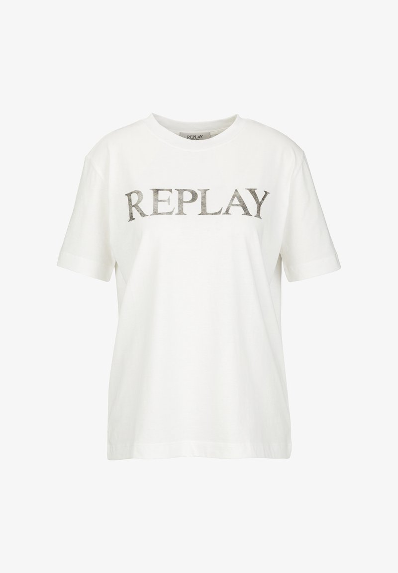 Witte katoenen T-shirt met korte mouwen en een ronde hals. Kenmerkt zich door het woord "REPLAY" in metallic grijze letters over de borst.