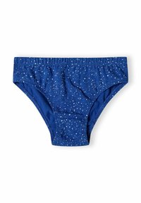 Modri bikini spodnji del z mehko teksturo, ki ima pikčasto belo vzorčenje, elastičen pas in klasičen kroj kratkih hlačk.