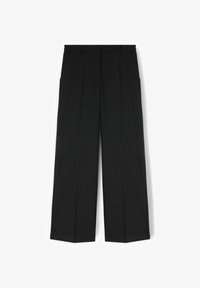 Pantalones negros de pierna ancha con pliegues delanteros, cintura entallada y dos bolsillos laterales. Tejido liso con una silueta limpia y estructurada.