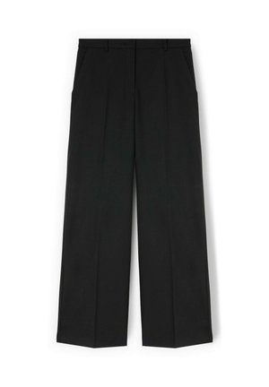 Pantaloni neri a gamba larga con pieghe frontali, vita sartoriale e due tasche laterali. Tessuto liscio con una silhouette pulita e strutturata.