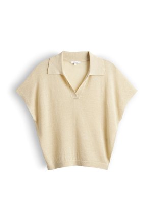 Beige short-sleeve knit top with a collar and V-neck, featuring a loose fit and ribbed hem.