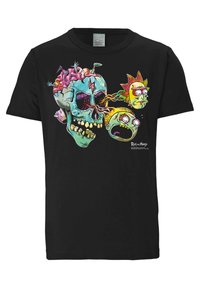 Black t-shirt featuring a vibrant, multi-colored skull graphic with cartoon characters and swirling elements; cotton material, short sleeves.