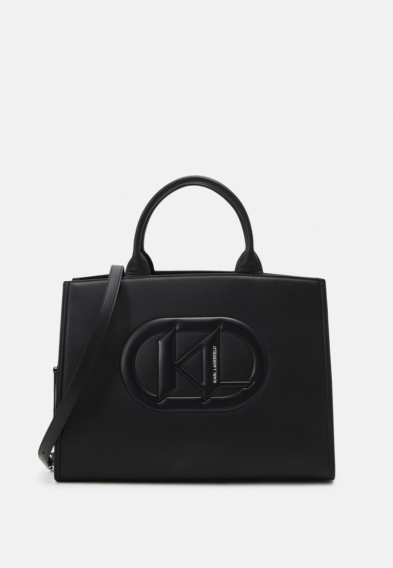 Sac à main rectangulaire noir avec poignées supérieures et bandoulière amovible, arborant le logo surélevé "KL" et le texte "Karl Lagerfeld" au centre avant.