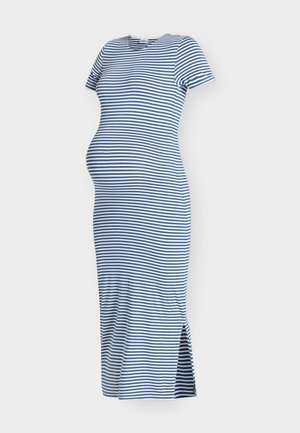 Blå og hvit horisontalt stripet kortermet graviditetskjole med sidesplit, tettsittende rundt voksende mage, knelang.