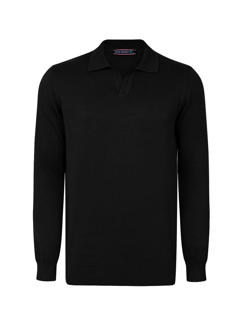 Camisa polo negra de manga larga con cuello de punto, fit regular, puños y dobladillo acanalados. Fabricada con un tejido suave y liso para mayor comodidad.